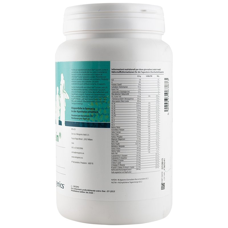 immagine della confezione di Metagenics UltraClear Sustain Gr 840, informazioni nutrizionali
