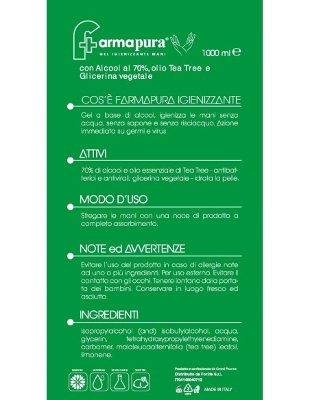 Gel igienizzante per mani FarmaPura - Tappo Flip Top - 1000 ml