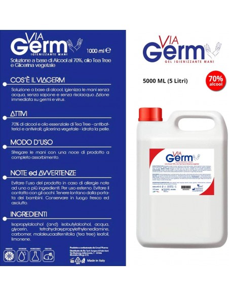 V Germ Out - Spray Igienizzante per Tessuti, Superfici, Ambienti con Alcool 70% - Presidio Medico Chirurgico - 5 L