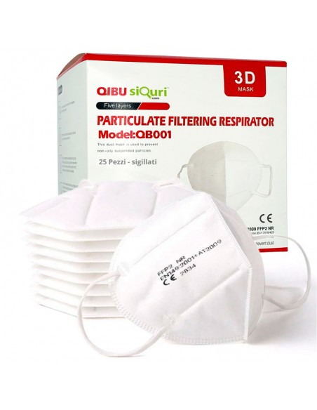 Mascherine FFP2 Certificate CE NR a 5 Strati di Protezione - Elastici e Clip per Naso Adattabile (Box da 25 PZ Sigillate)