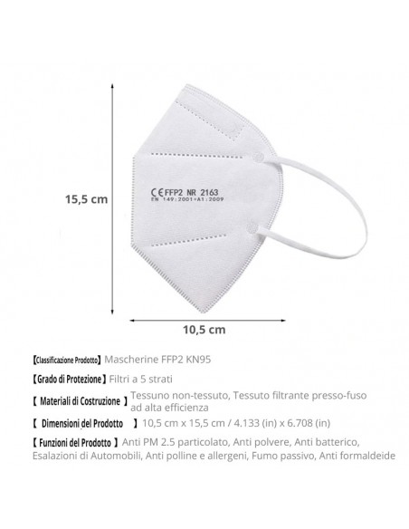 Mascherine FFP2 Certificate CE NR a 5 Strati di Protezione - Elastici e Clip per Naso Adattabile (Box da 25 PZ Sigillate)
