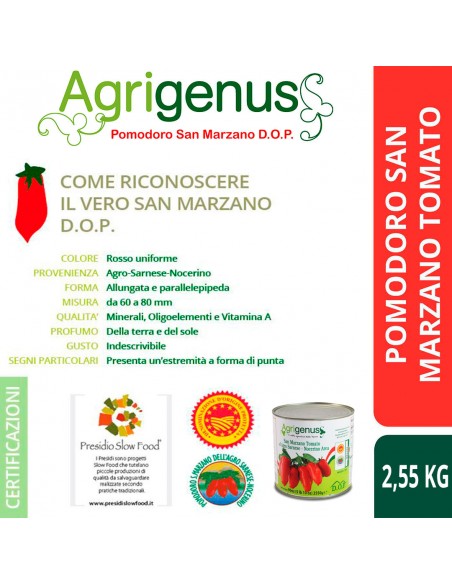 Pomodoro San Marzano DOP Agrigenus - Pomodori Pelati Pronti all'Uso - Polpa Soda. Coltivato in Italia - Confezione da 2,5 Kg