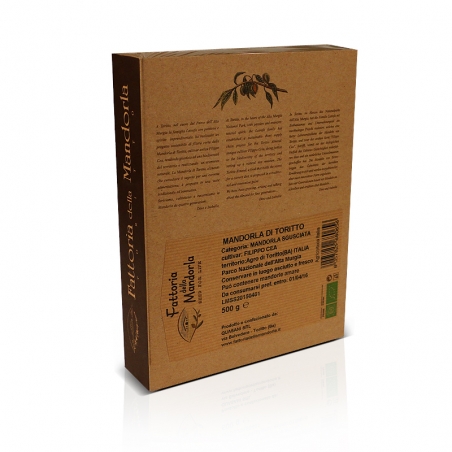 immagine della confezione della Mandorla di Toritto Bio | Fattoria della Mandorla Gr 500, vista retro