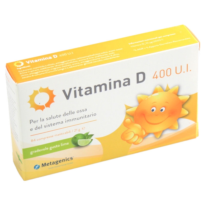 immagine della confezione Integratore Vitamina D 400 U.I.  84 compresse masticabili Metagenics , vista frontale