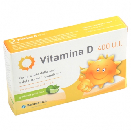 immagine della confezione Integratore Vitamina D 400 U.I.  84 compresse masticabili Metagenics , vista frontale