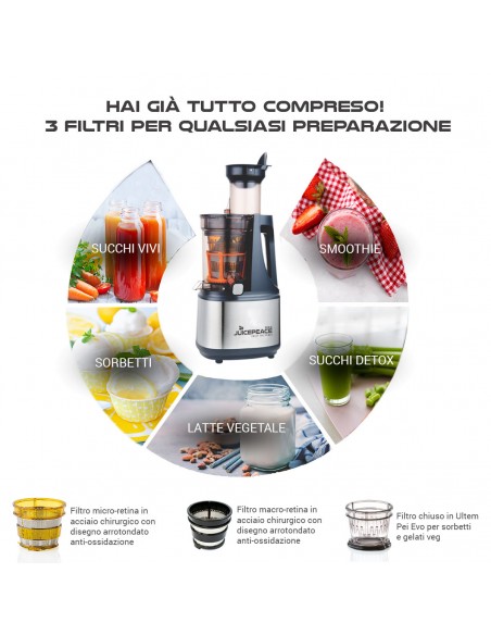JuicePeace PRO Estrattore di Succo Professionale BPA Free - 32 Giri con Apertura da 78 mm per Inserire Frutta e Verdura Intera