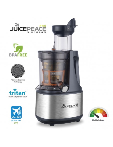 JuicePeace PRO Estrattore di Succo Professionale BPA Free - 32 Giri con Apertura da 78 mm per Inserire Frutta e Verdura Intera