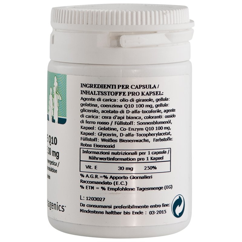 immagine della confezione dell'integratore di Metagenics Coenzima Q10 Mg 100 + Vitamina E - 30 capsule, ingredienti